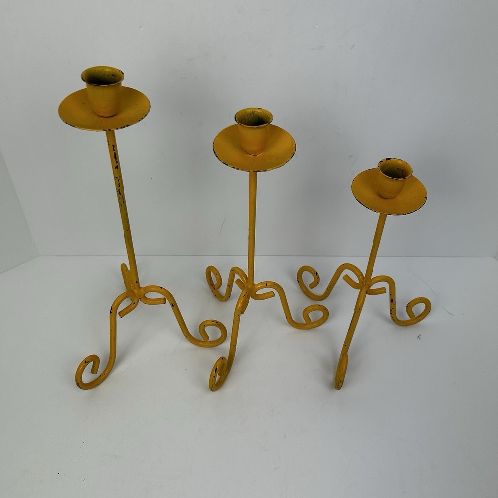 Vintage Yellow Metal Candle Holders Set of 3 Scrollwork Taper Candlesticks Boho